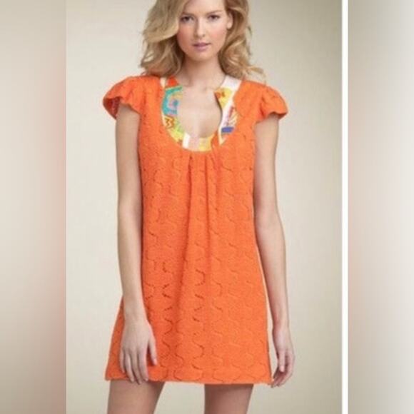 Trina Turk Orange Crochet With Silk Detail Neckline Pleated Shift Dress Size 6 - Picture 1 of 10